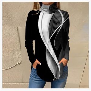 Womens Turtleneck Long Sleeve Shirts Color Block Tunic Tops